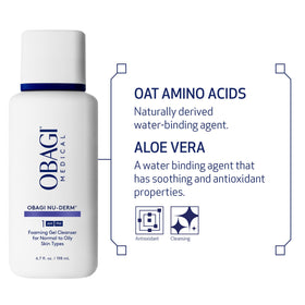 Obagi Nu-Derm Foaming Gel highlights Aloe Vera and oat amino acids for gentle skin care.