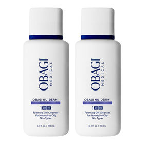 Obagi Nu-Derm Foaming Gel bottle for gentle daily cleansing and makeup removal.