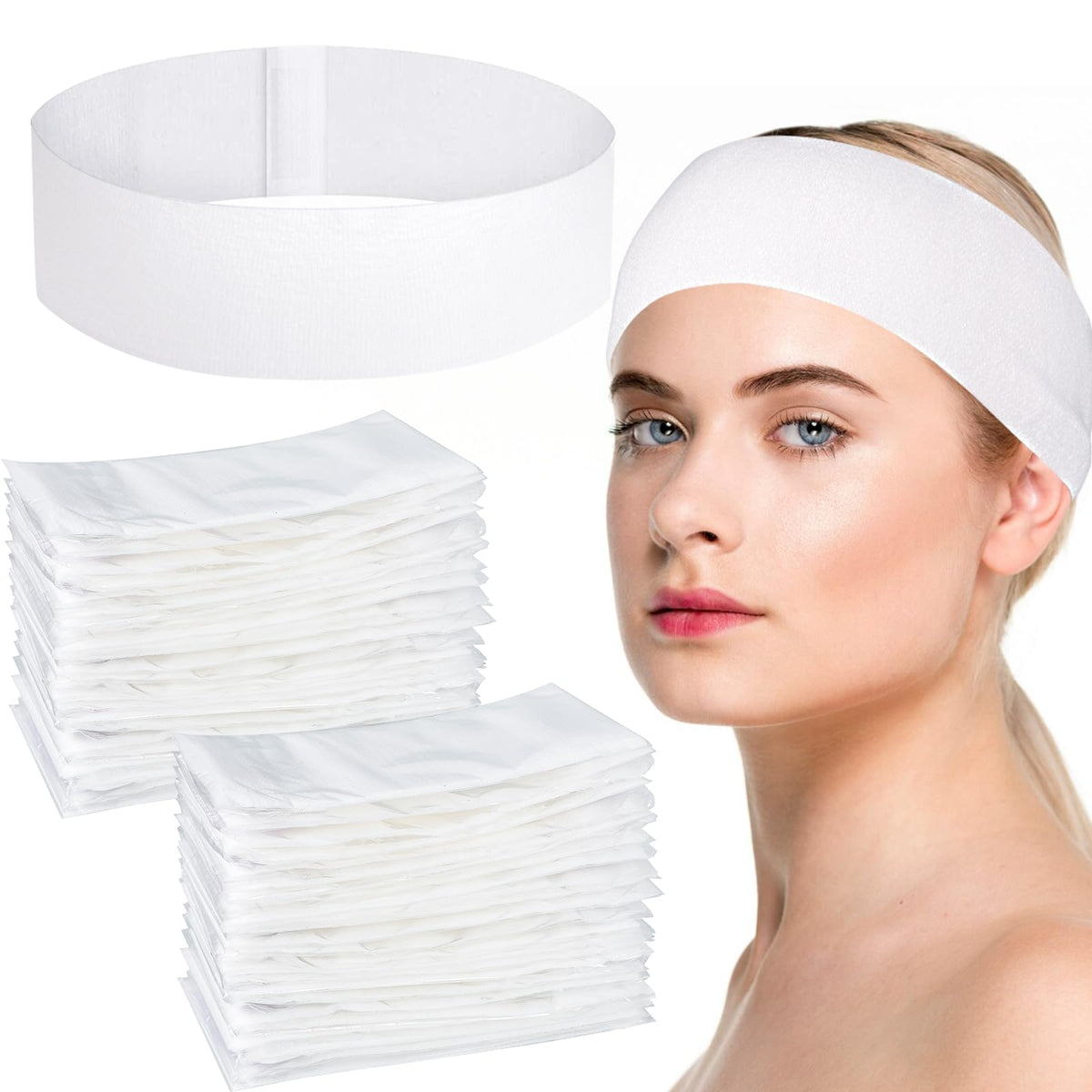 Obeoby disposable spa headband in soft nonwoven fabric keeps hair away during cleansing.