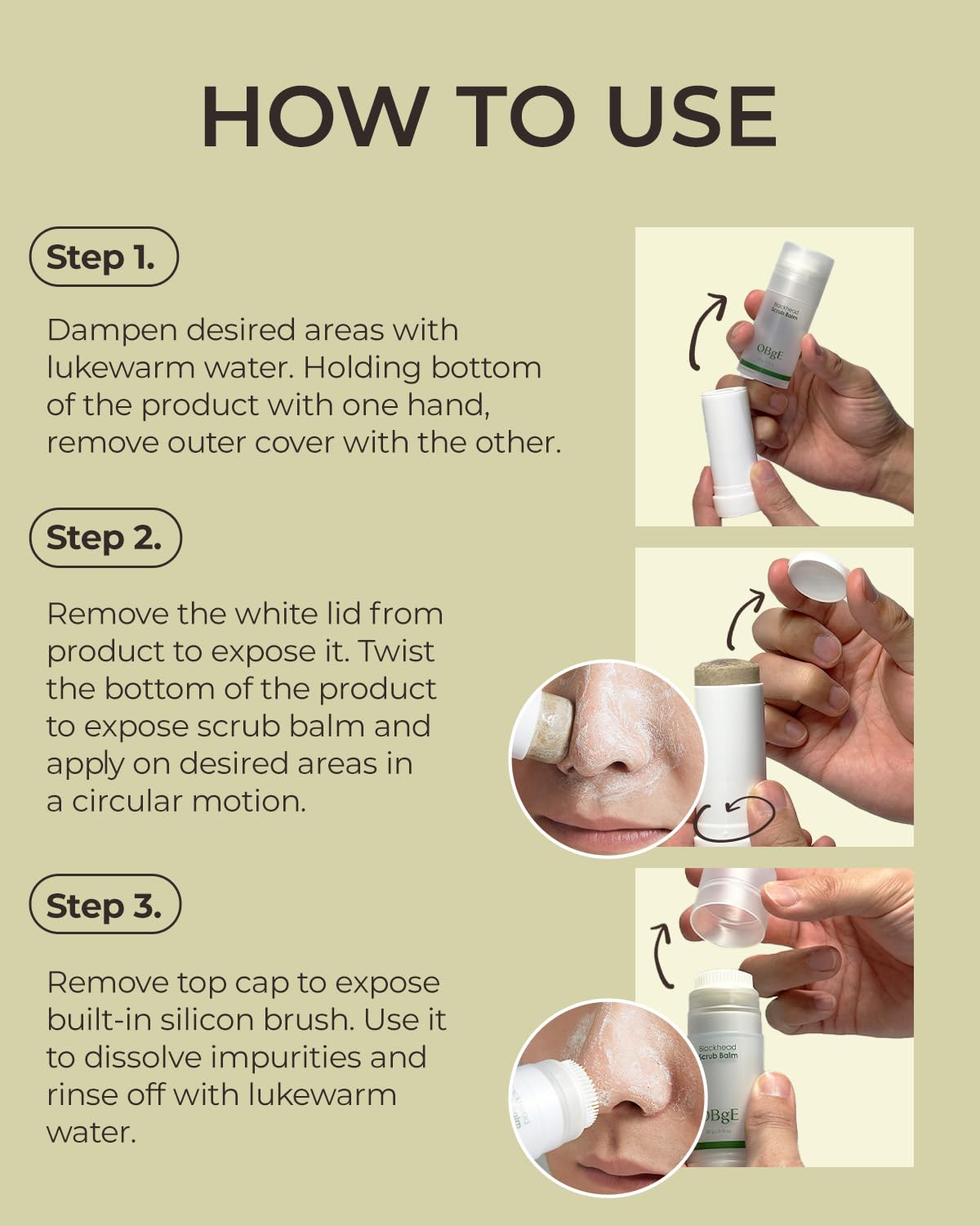 OBgE Blackhead Scrub Balm shows three-layer foam action for effective cleansing with water.