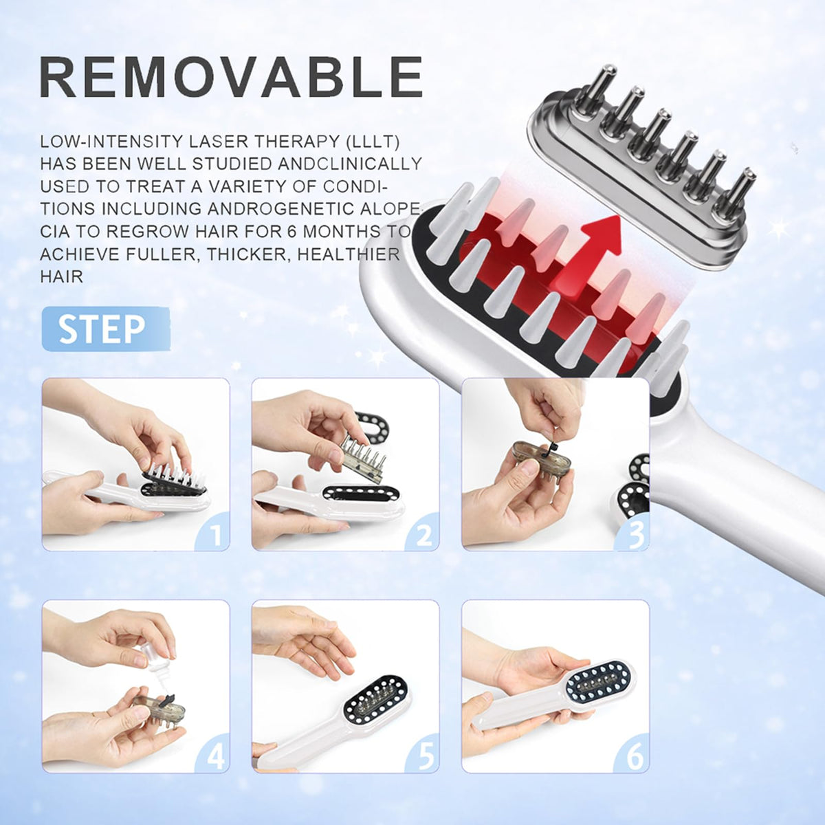 Obiredk Laser Hair Growth Comb 650nm light in action promotes comfortable daily therapy.
