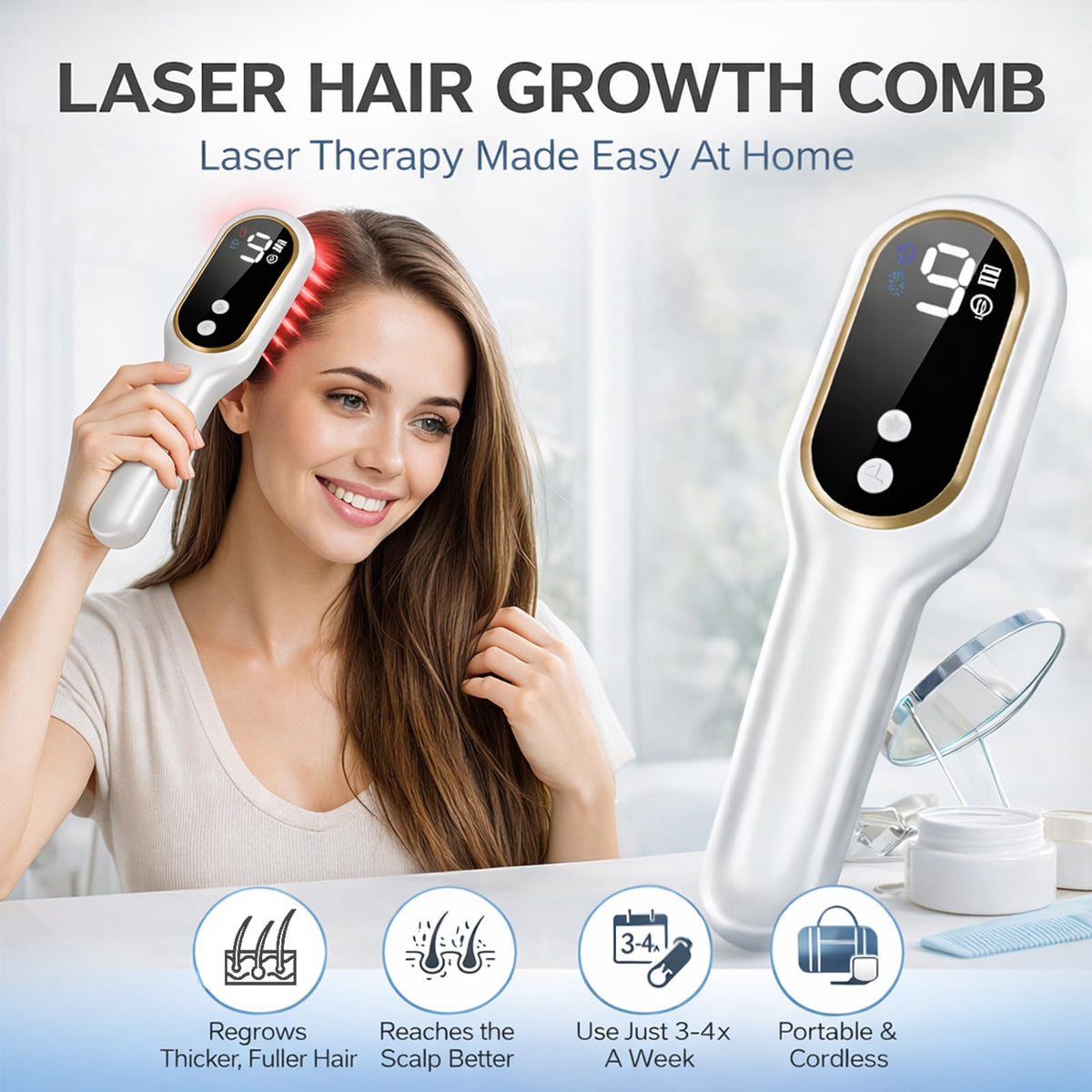 Obiredk Laser Hair Growth Comb side view showing portable design for travel-friendly hair care.