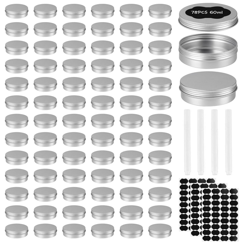 OBKJJ 2oz aluminum tin cans with lids, 78-pack, ideal for crafts and storage.