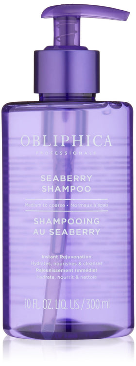 Obliphica Professional Seaberry Shampoo bottle pour showing rich lather and scalp nourishment.