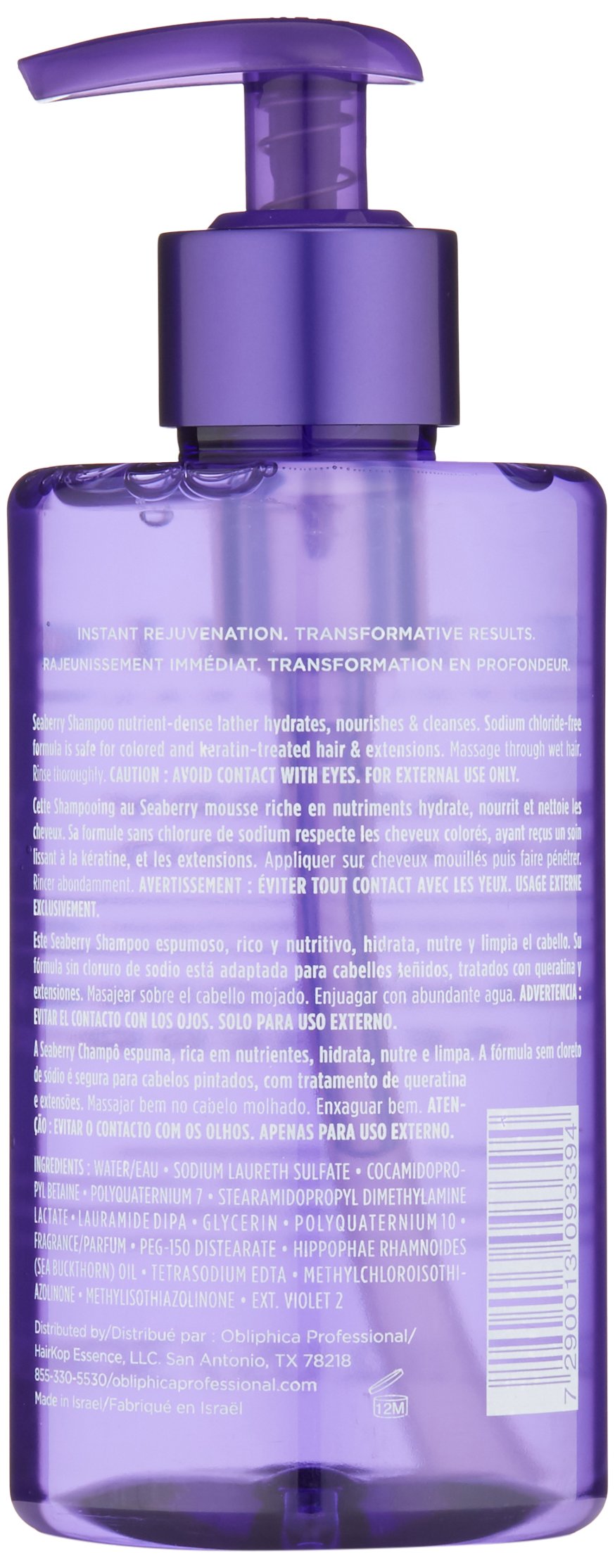 Obliphica Pro Seaberry Shampoo close-up bottle shows hydrating formula for dry hair.
