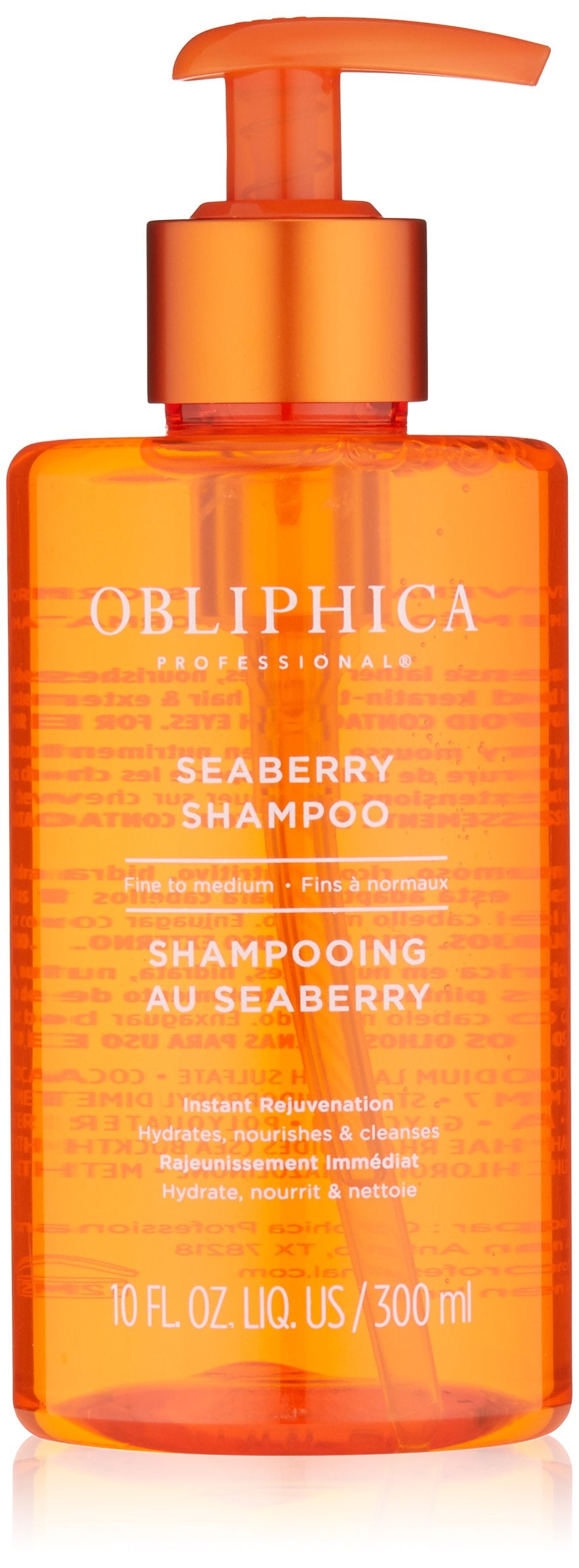Obliphica Professional Seaberry Shampoo bottle promotes thicker-looking, lightweight-nourished hair.