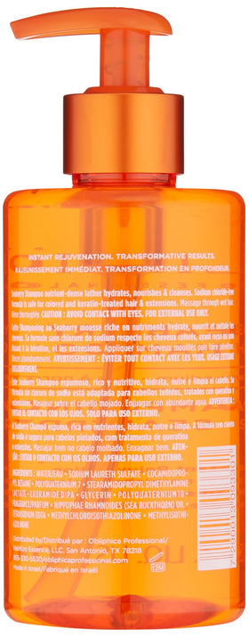 Obliphica Professional Seaberry Shampoo lather shows lightweight cleansing for fine hair.