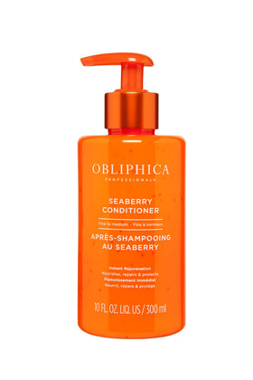 Obliphica Seaberry Conditioner bottle promoting frizz control for fine and medium hair.