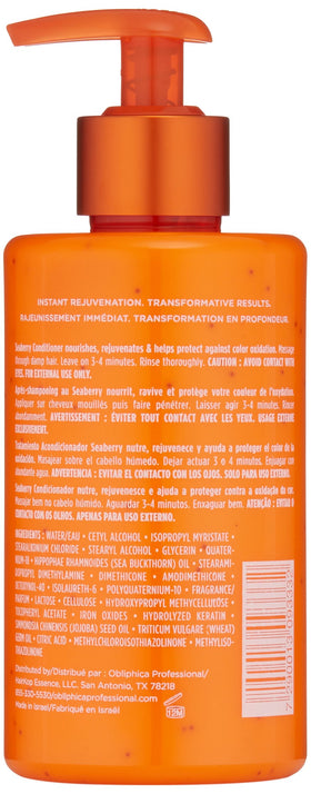 Obliphica Seaberry Conditioner on damp hair massaged at the ends for nourishment.