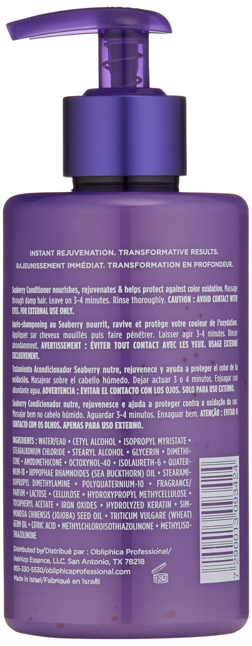 Close up of Obliphica Seaberry Conditioner label with vitamins for frizz control