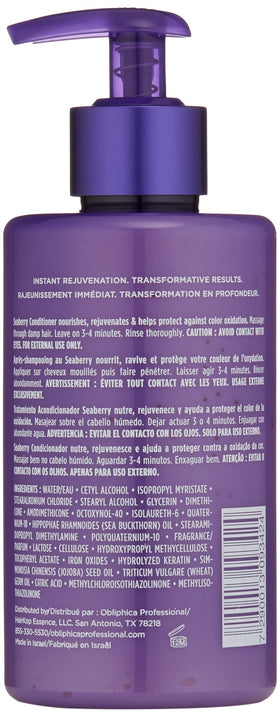 Close up of Obliphica Seaberry Conditioner label with vitamins for frizz control
