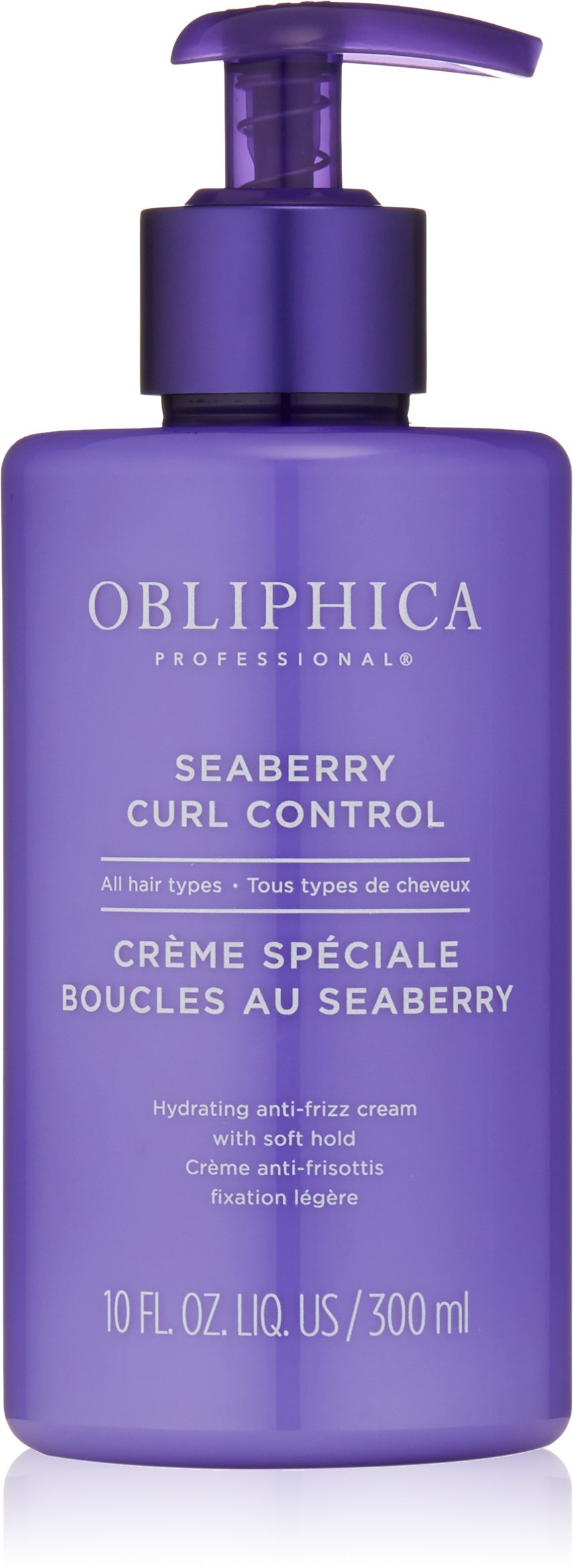 Obliphica Seaberry Curl Control Cream bottle demonstrates frizz control for defined curls.