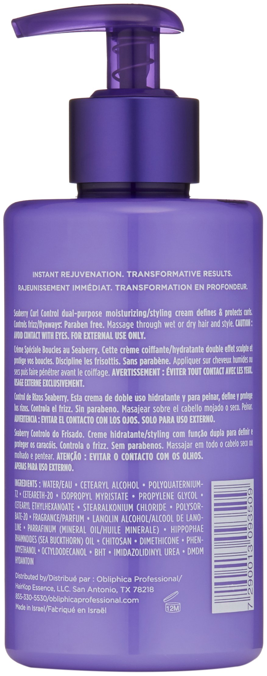 Obliphica Seaberry Curl Control Cream texture on hair reveals hydrated, shiny, manageable curls.