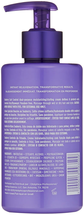 Obliphica Seaberry Curl Control Cream texture on hair reveals hydrated, shiny, manageable curls.