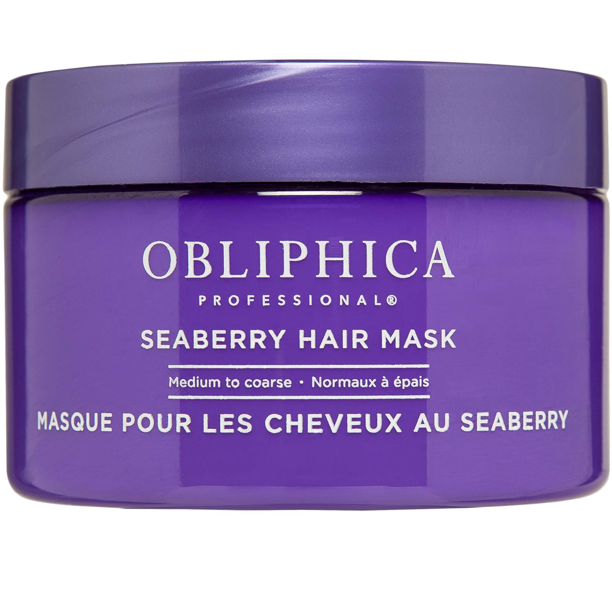 Obliphica Seaberry Hair Mask jar demonstrating rich hydration for dry hair.