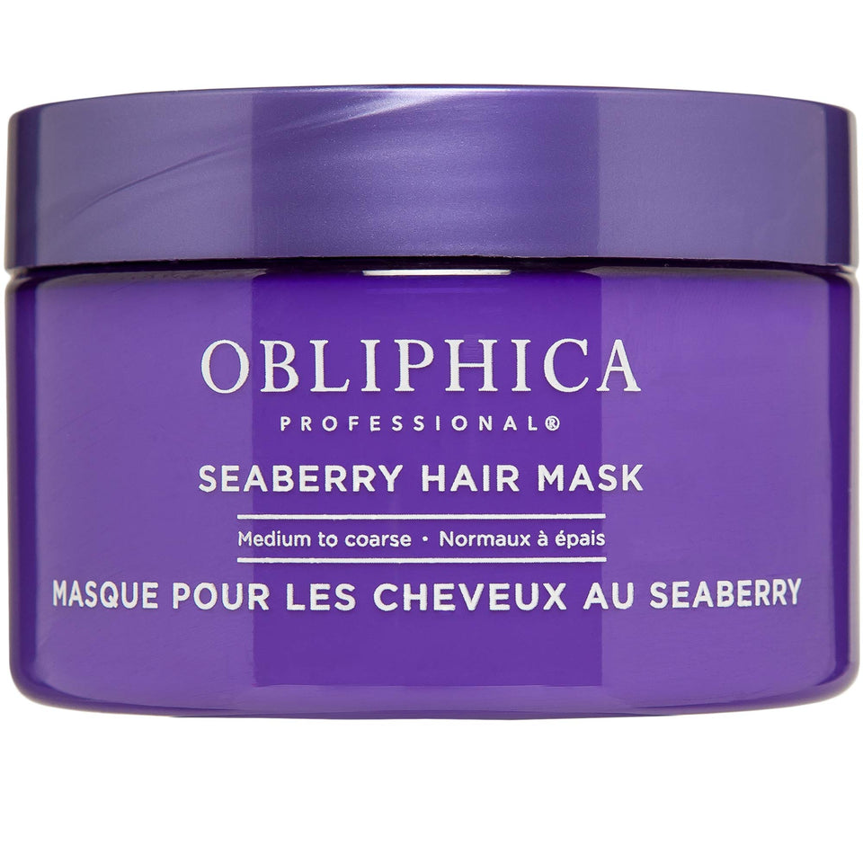 Obliphica Seaberry Hair Mask jar demonstrating rich hydration for dry hair.