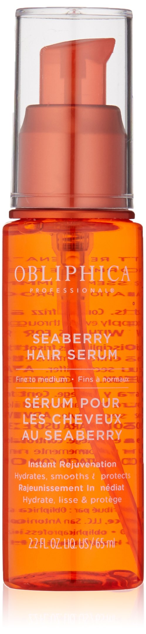 Obliphica Professional Seaberry leave-in serum applied to damp hair for smoother, frizz-free finish.