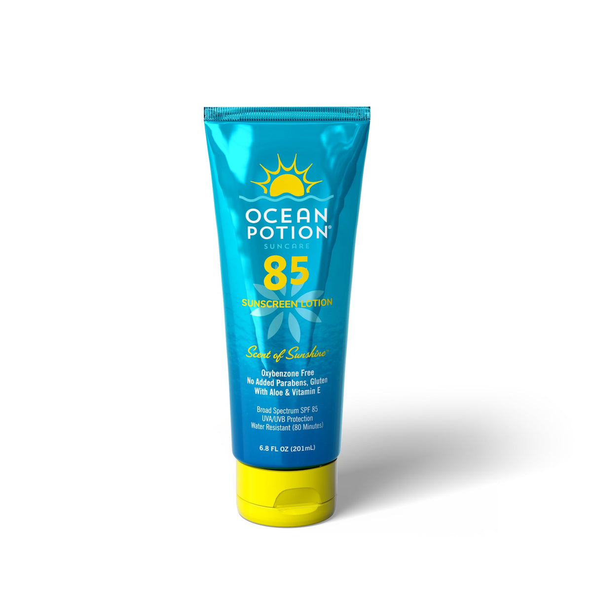 Ocean Potion SPF 85 sunscreen bottle close-up showing a protective, moisturized finish.
