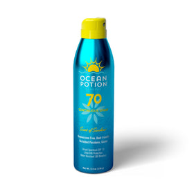Ocean Potion SPF70 sunscreen spray bottle for broad-spectrum protection on the go.