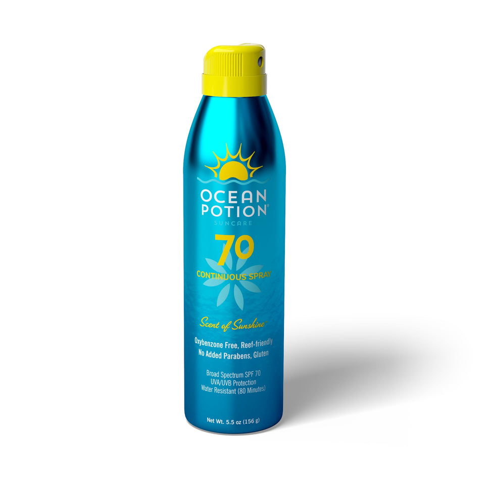 Ocean Potion SPF70 sunscreen spray bottle for broad-spectrum protection on the go.
