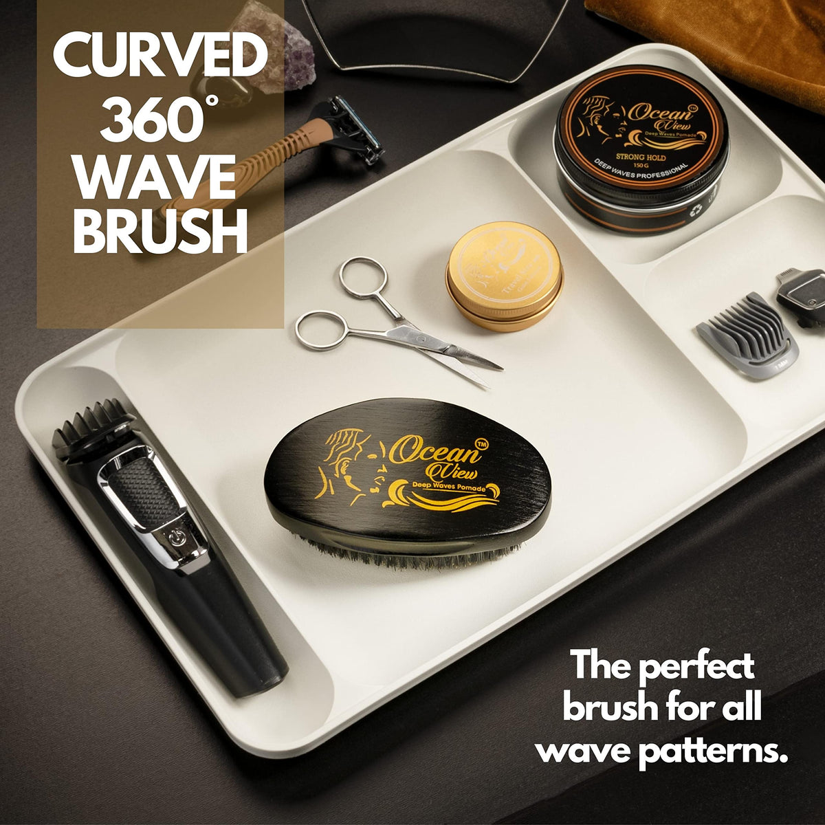Ocean View Deep Waves Pomade thumb indentations for comfortable long brushing sessions.