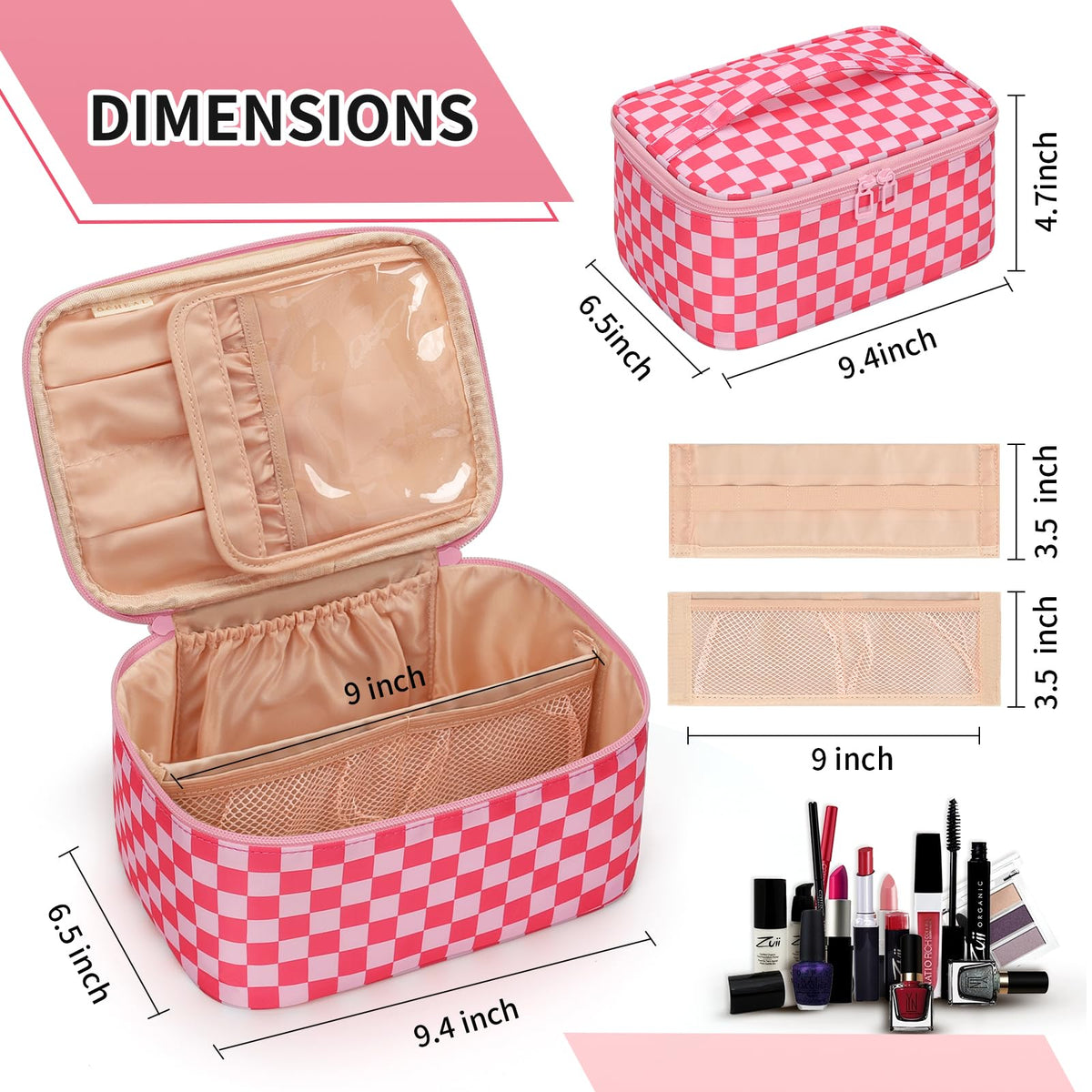 OCHEAL makeup bag back pocket and elastic sections for small items
