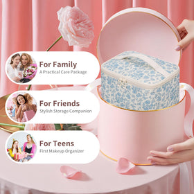 OCHEAL blue floral cosmetic organizer with sturdy handle for on-the-go use