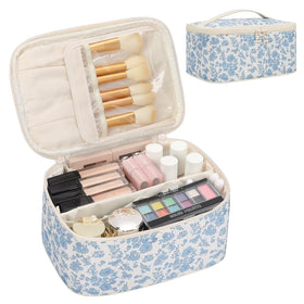 OCHEAL makeup bag overview with flower print and spacious interior for travel essentials
