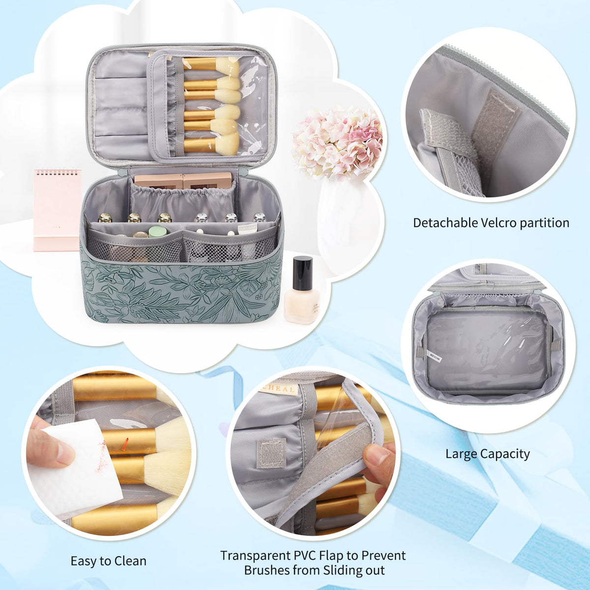 OCHEAL large bag interior with pockets, organized space for palettes and bottles.
