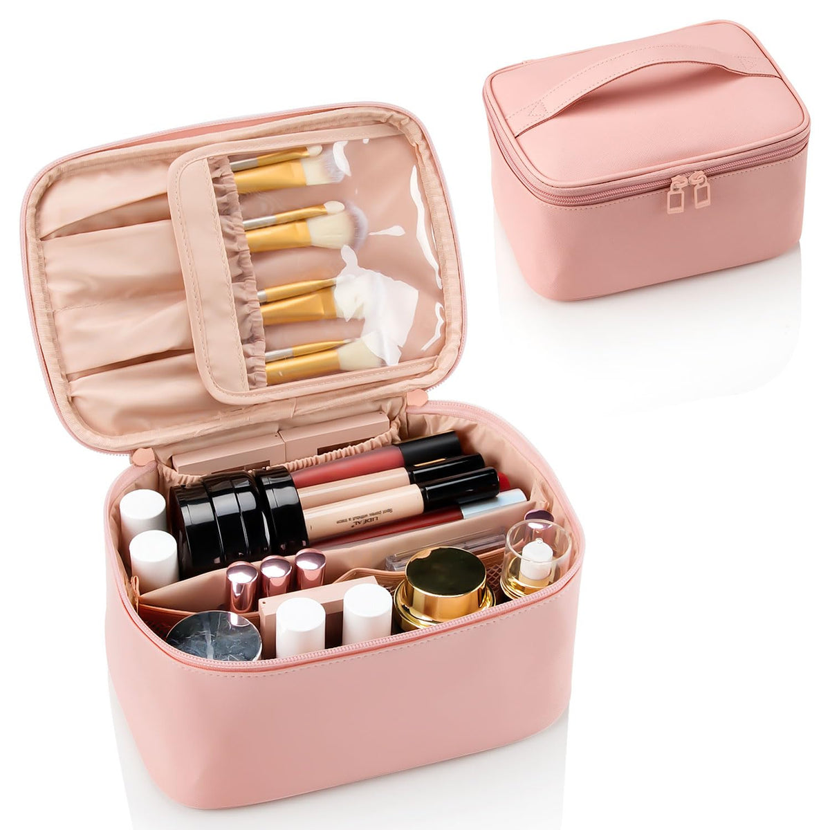 OCHEAL pink makeup bag with a dedicated brush slot for tidy travel.