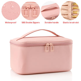 OCHEAL pink bag showing flexible dividers for versatile cosmetic organization.