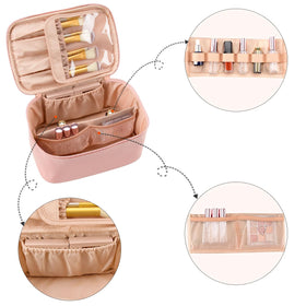 OCHEAL pink makeup bag in waterproof vegan leather protects contents.