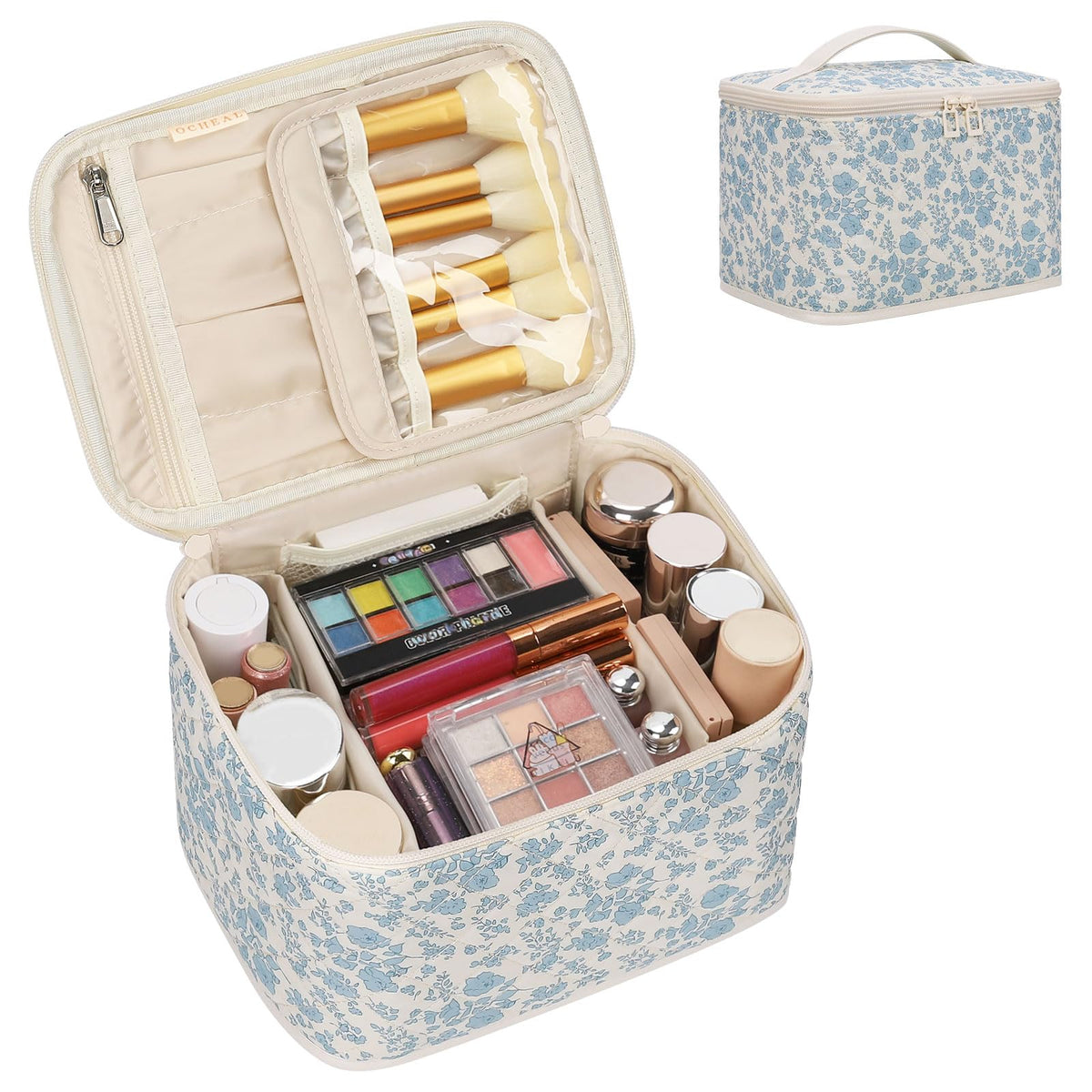 OCHEAL travel makeup bag blue floral front view for organized cosmetics on the go