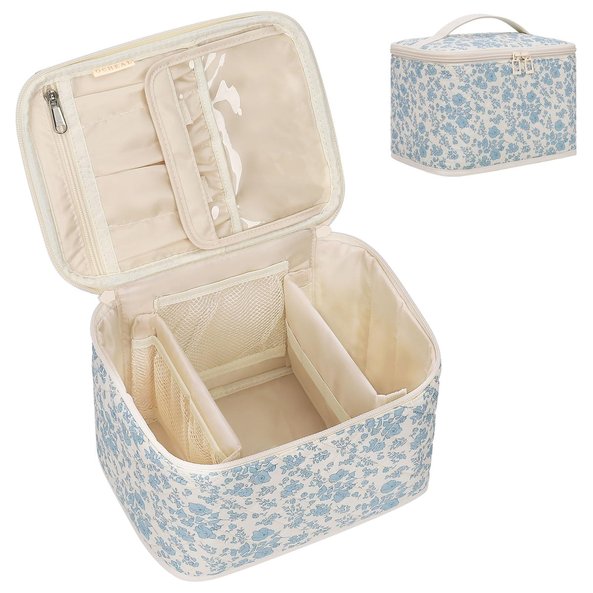 OCHEAL travel makeup bag in use on hotel counter with items organized