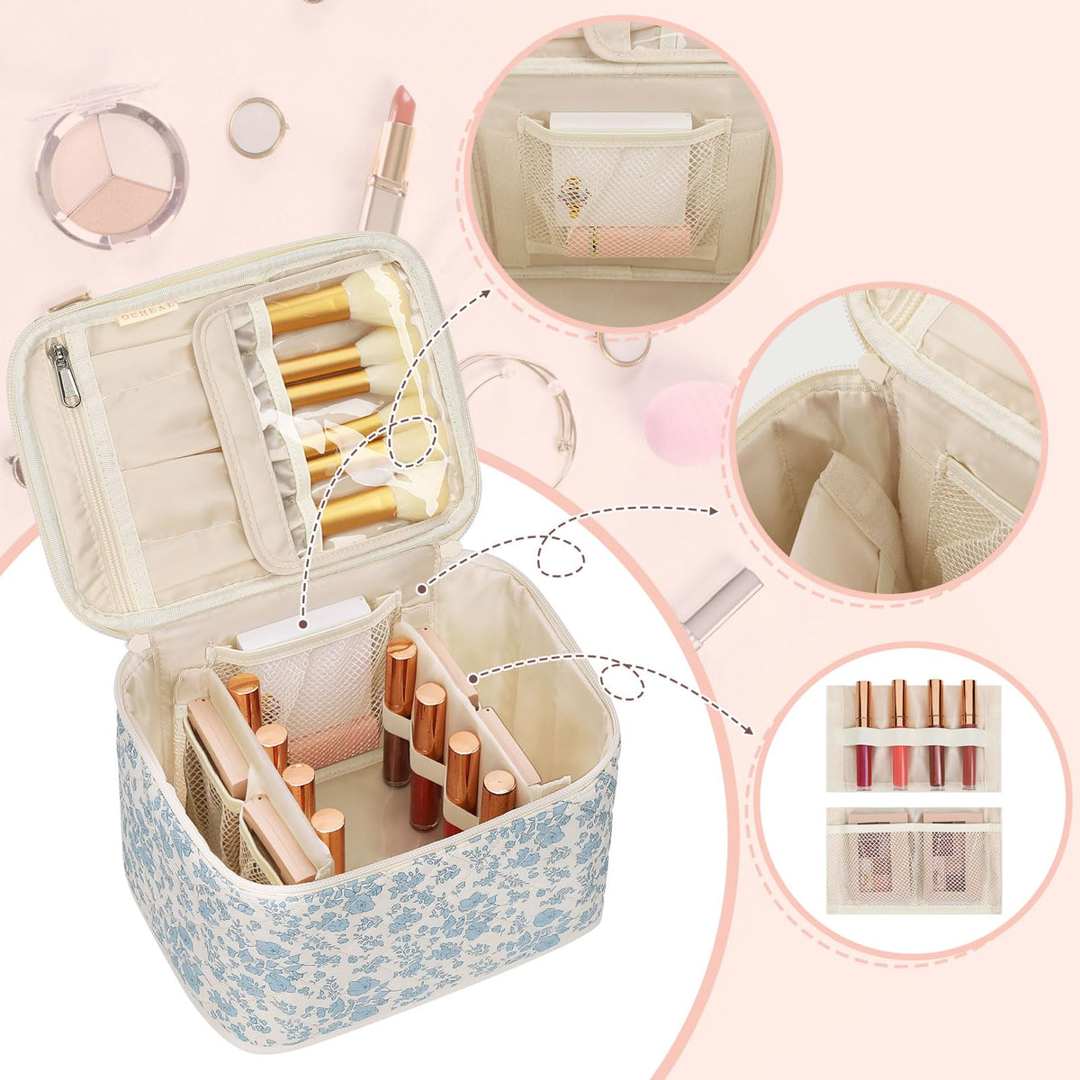 OCHEAL travel makeup bag large capacity interior view for storing full-size products