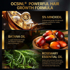 OCSINL biotin-infused formula near the bottle suggesting nourishing hair roots.
