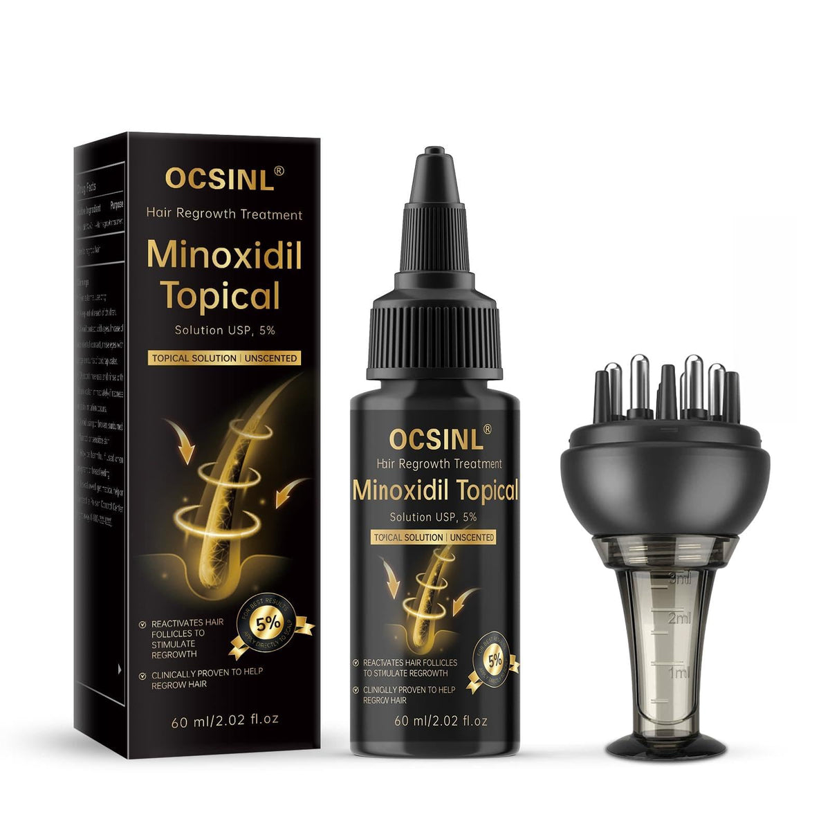 OCSINL Minoxidil 5% serum bottle ready for daily scalp coverage and hair support