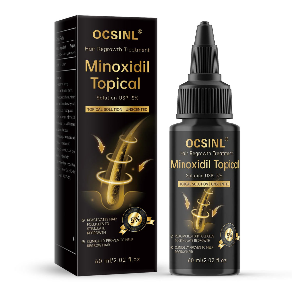 OCSINL minoxidil 5% bottle with precision dropper for easy scalp application.