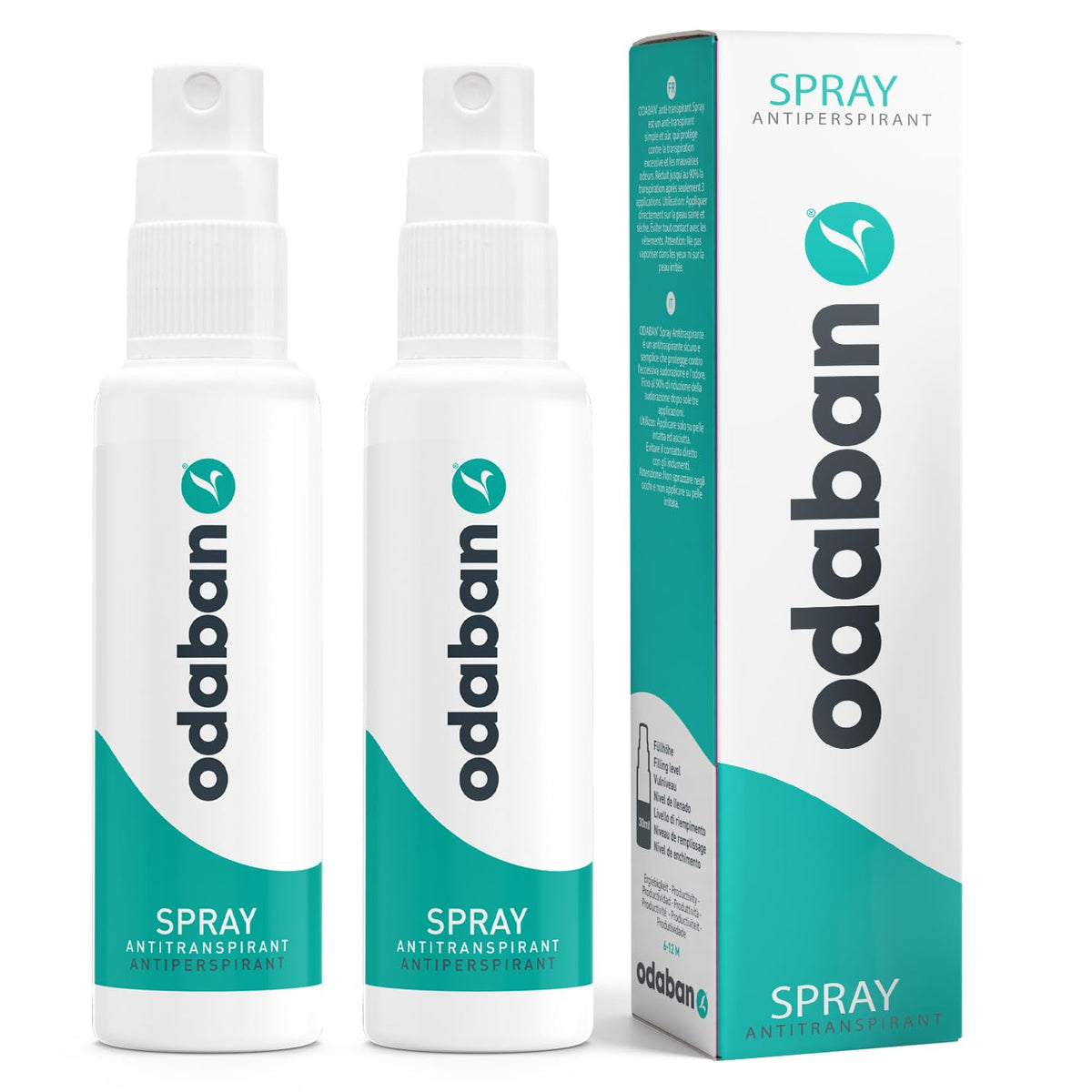 Odaban antiperspirant spray bottle front view for daily protection.