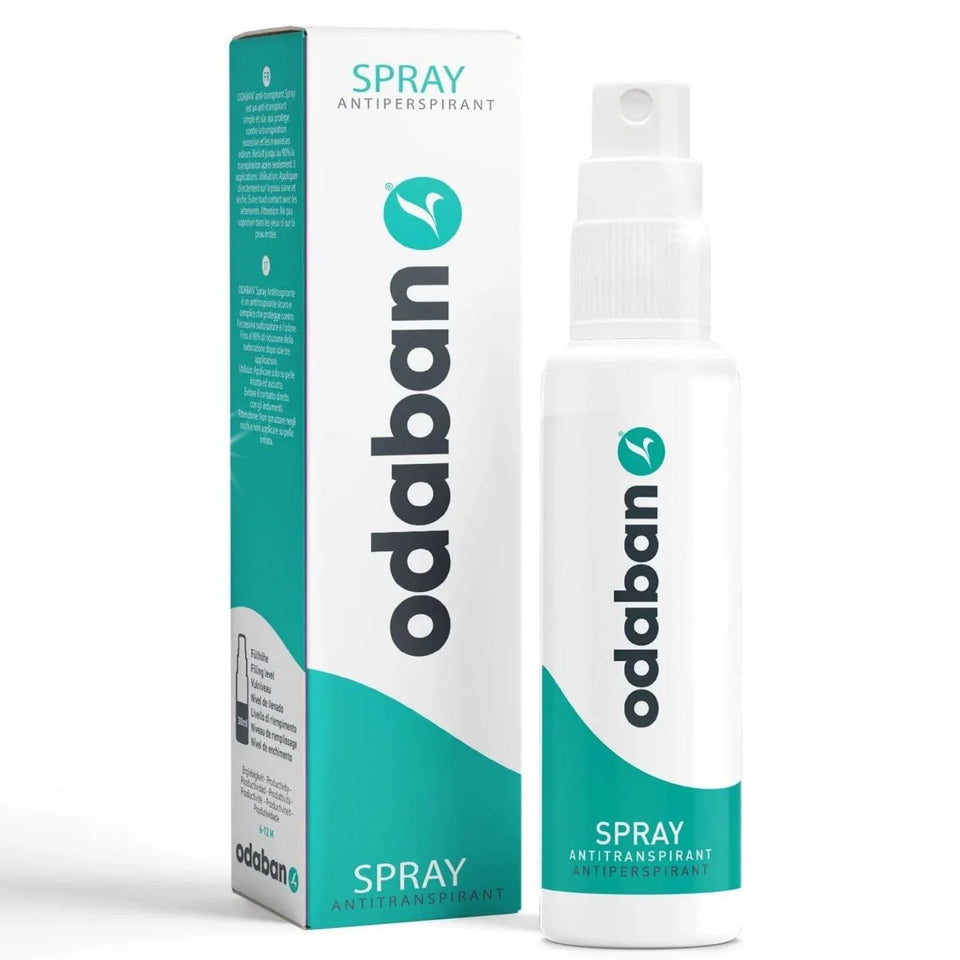 Odaban Antiperspirant Spray bottle shown for quick-dry action and fragrance-free formula.