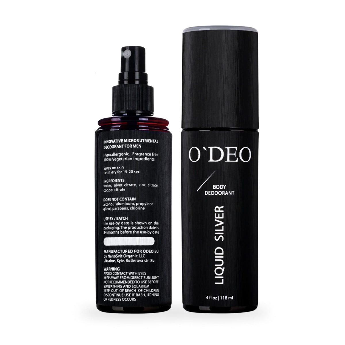 O'DEO aluminum-free deodorant spray bottle, unscented for sensitive skin.