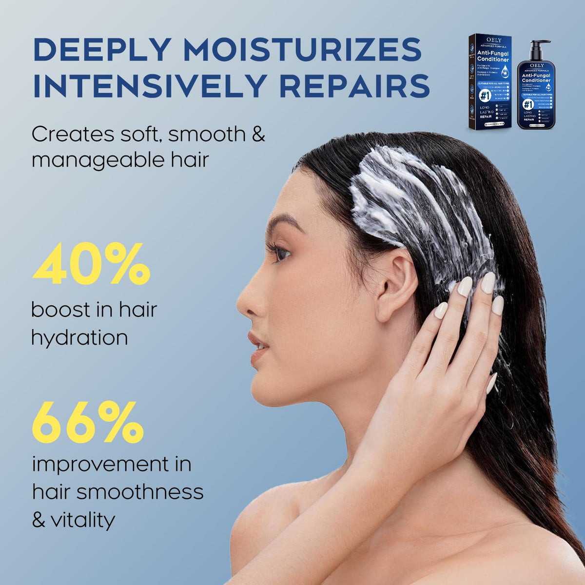 Oely folliculitis conditioner hands applying demonstrates smooth, manageable hair after use.