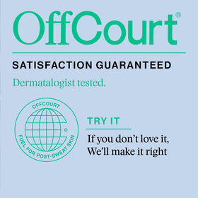 OffCourt made-in-usa guarantee badge alongside product packaging.