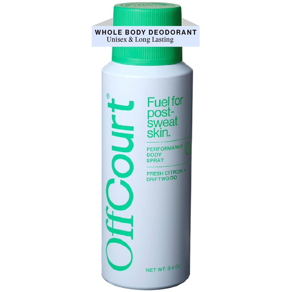 OffCourt natural body spray bottle with clean citrus-driftwood vibe for everyday freshness.
