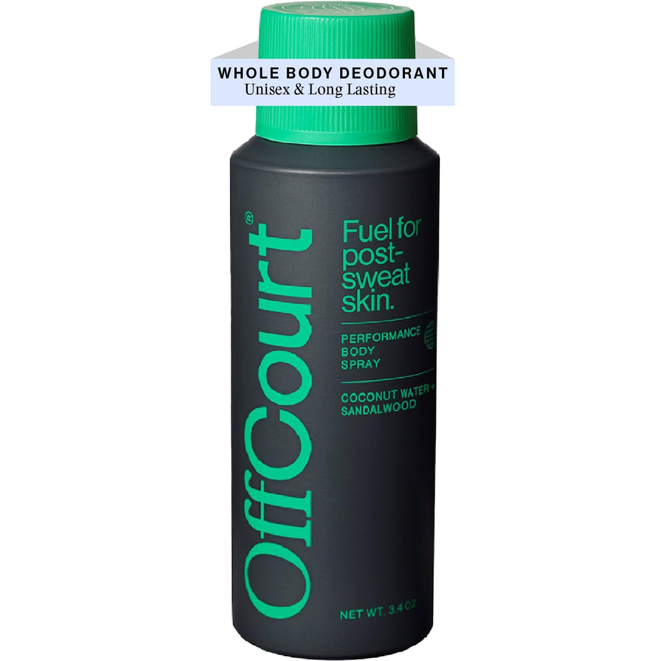 OffCourt natural deodorant body spray bottle shown for all-day odor control