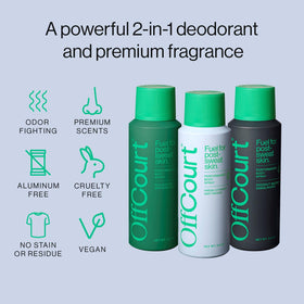 OffCourt no-white-residue: clothes-friendly formula keeps fabrics clear.
