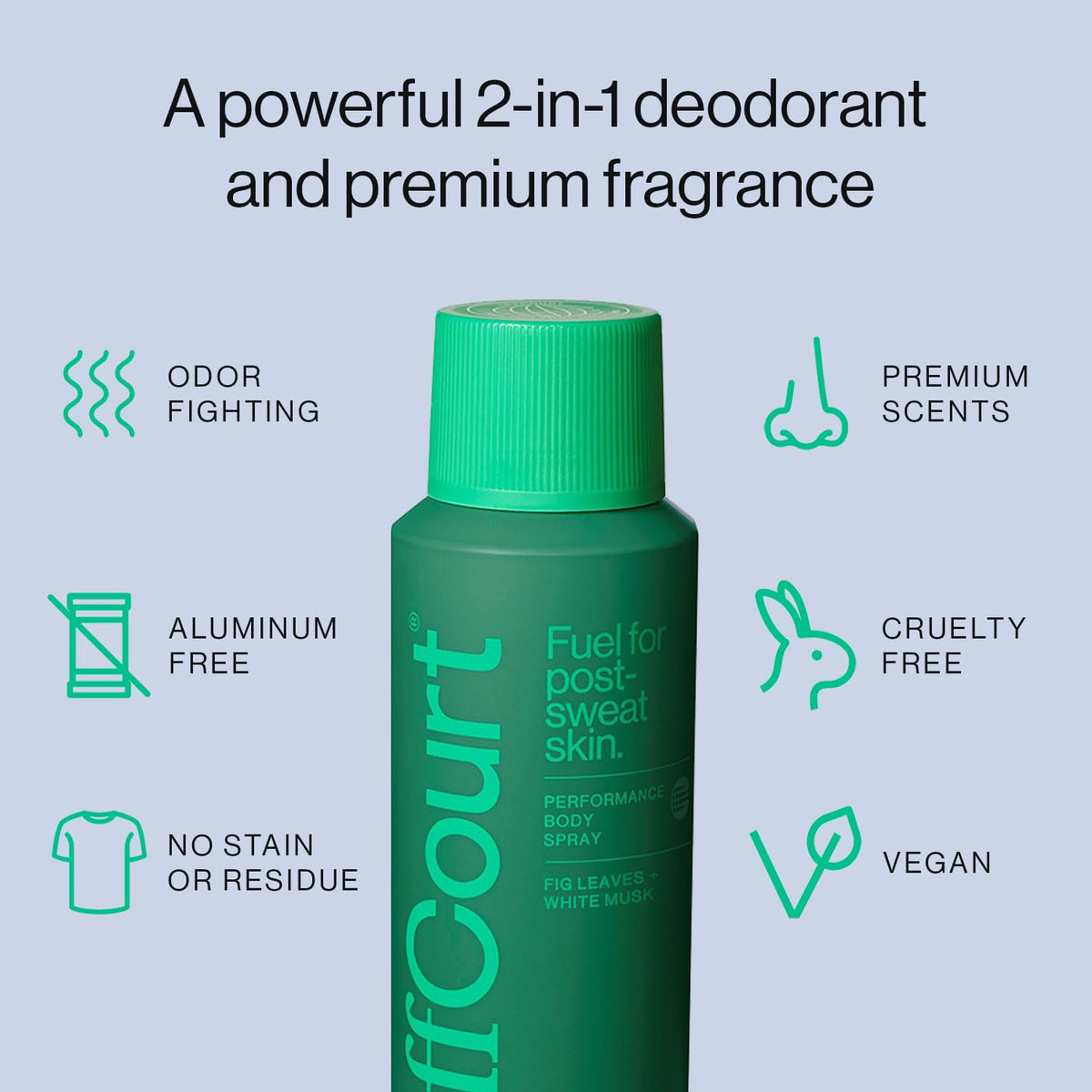 OffCourt packaging emphasizes aluminum-free deodorant for all-over body use.