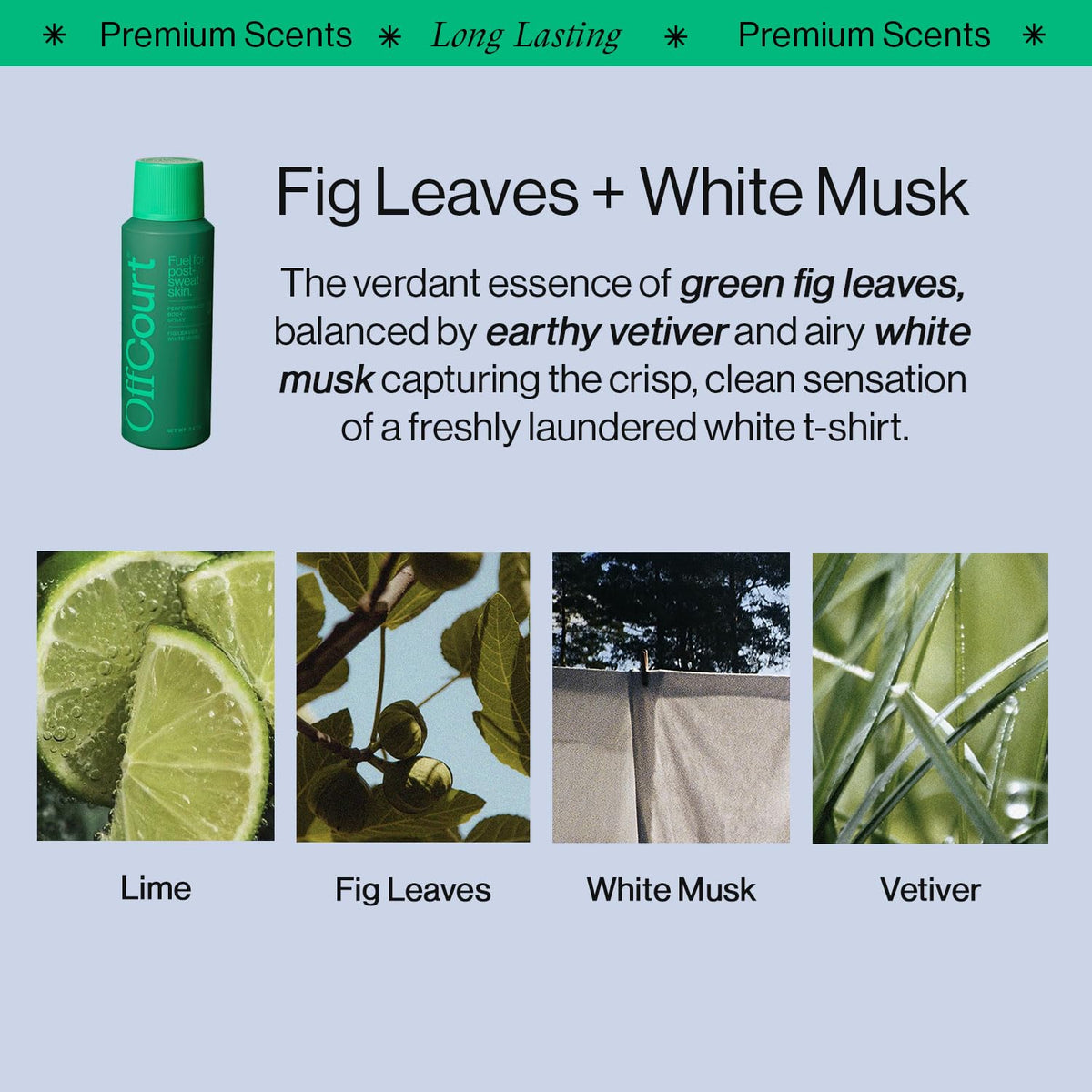 OffCourt prebiotics-odor-control: balances odor over time for lasting freshness.