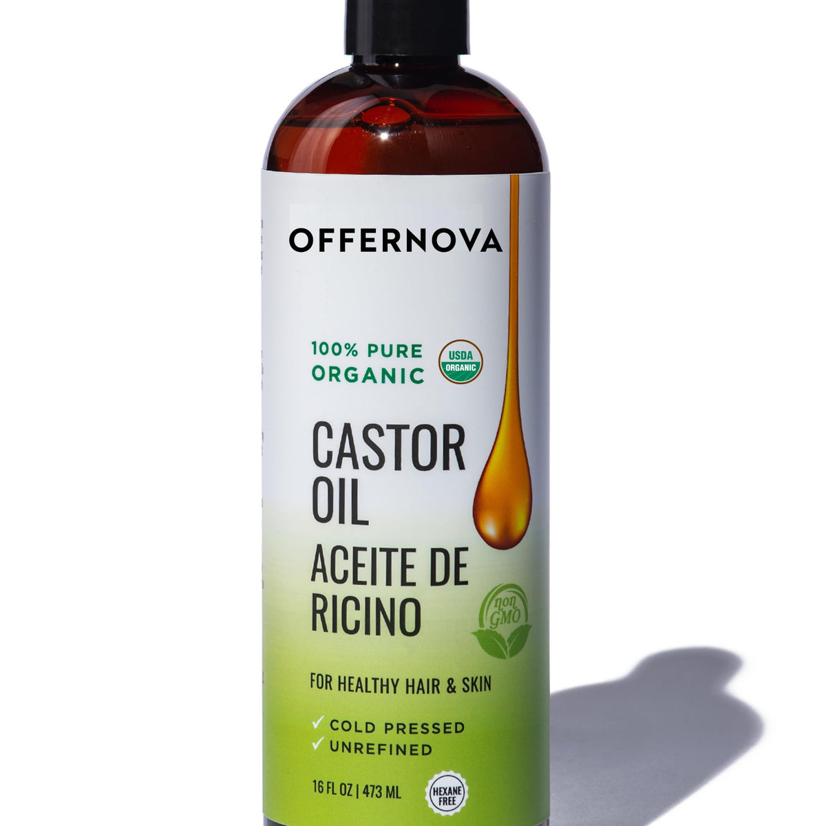 Offernova Castor Oil bottle front view, showcasing organic hexane-free formula for hair and skin.