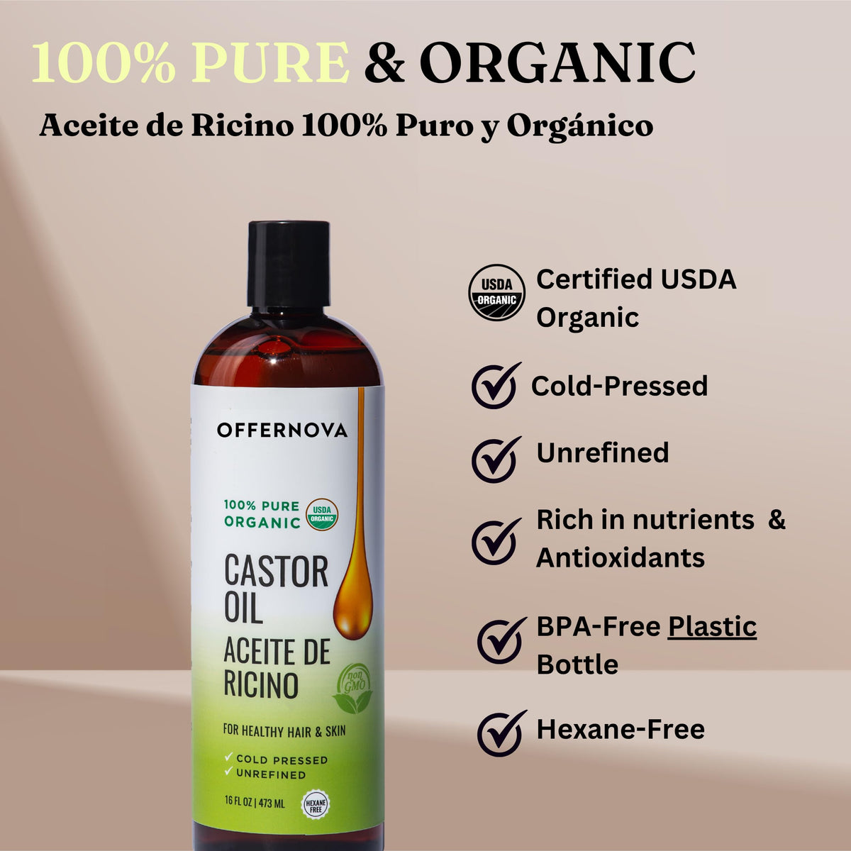 Offernova Castor Oil bottle pour, ideal for nightly lashes and brows application.